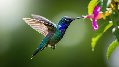 A vibrant hummingbird hovers near a colorful flower, showcasing iridescent plumage. The bird's wings are in motion, creating a sense of dynamic energy. The composition features a natural lighting with soft focus. Suitable for illustrative or editorial purposes, this image could be utilized for various commercial contexts.の素材