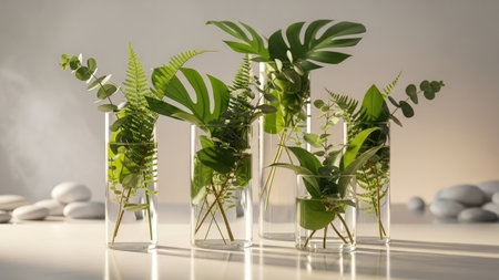 Several green plants, including ferns and monstera leaves, are arranged in clear glass vases. The leaves exhibit vibrant green hues, contrasting against a soft white background. The composition is well-lit, suggesting a studio setting, and offers possibilities for decorative or lifestyle content.の素材