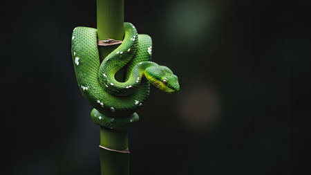 A vibrant green snake is wrapped around a bamboo stalk, showcasing white spots. The image features high contrast with a focus on the reptile's scales and form. The lighting is natural, suggesting an outdoor environment, with ample copy space. Ideal for nature, wildlife, or educational publications.の素材
