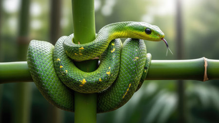 A vibrant green snake is coiled around a bamboo stalk, showcasing detailed textures and patterns. The image features soft lighting and a blurred background suggesting a natural outdoor setting, possibly a rainforest or jungle. It offers potential use in educational materials or wildlife-related projects, also suitable for illustrating animal behavior.の素材