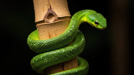A vibrant green snake is coiled around a bamboo stalk, showcasing its scales and form. The image presents a close-up with soft lighting, emphasizing the natural textures. The composition against a dark background suggests an outdoor environment, suitable for various editorial and commercial projects.の素材