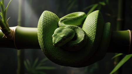 A vibrant green viper is coiled around a bamboo branch. The image highlights the snake's texture and color, set against a dark, blurred backdrop. The lighting suggests an indoor environment. This image is suitable for various commercial uses, including illustrations and educational materials.の素材