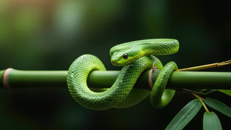 A vibrant green snake is wrapped around a bamboo branch. The image highlights the snake's textured scales and captivating eyes. Soft focus and shallow depth of field create an appealing contrast, showcasing the snake in its natural environment, likely for editorial or commercial applications.の素材