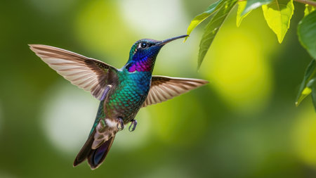 A vibrant hummingbird is captured mid-flight with wings spread, showcasing its colorful plumage. The image highlights shades of green, blue, and purple, with a soft-focus background of leaves. The scene suggests a natural outdoor setting, suitable for illustrating topics related to wildlife, nature, or environmental conservation.の素材