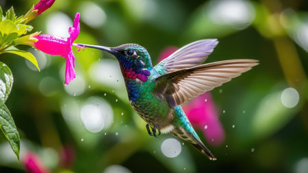 A vibrant hummingbird hovers near a vivid pink flower, likely feeding. The bird displays iridescent feathers in shades of green, blue, and purple. The composition is close-up with a soft focus background of green leaves and flowers. Suitable for use in nature, wildlife, or ecological themed projects.の素材