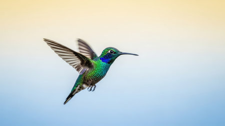 A vibrant hummingbird displays its wings mid-flight, showcasing a range of iridescent greens and blues. The bird is set against a soft, gradient background transitioning from yellow to blue. This image could be used for various projects needing a visual of nature, animals, and wildlife.の素材