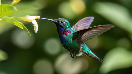 A hummingbird is captured in mid-flight, approaching a delicate yellow flower. The image showcases the bird's iridescent green and blue plumage with wings extended. The soft background suggests an outdoor setting, likely during daylight, with diffused lighting enhancing the natural tones. This image could serve various commercial or editorial applications.の素材
