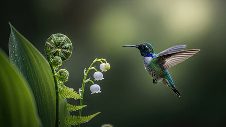 A hummingbird hovers near small white flowers and vibrant green leaves. The composition features soft focus, highlighting the bird and plant life. Natural lighting and a blurred background create a sense of depth and tranquility. Suitable for nature-themed projects, editorial content, and various commercial applications.の素材