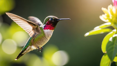 A hummingbird hovers near a vibrant flower with its wings spread mid-flight. The image showcases the bird's colorful plumage and delicate features. Soft sunlight and a blurred background create a natural, bright ambiance. This image can be used for nature articles, educational material, or various commercial projects.の素材