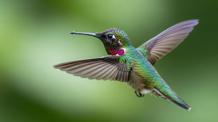 A vibrant hummingbird is captured mid-flight, showcasing its iridescent green and purple plumage. Its wings are spread wide against a soft, blurred green backdrop. The image utilizes natural lighting, emphasizing the bird's delicate features. Suitable for various editorial and commercial projects.の素材