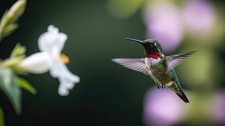 A hummingbird in full flight is captured against a natural background featuring a white flower. The image highlights the bird's detailed feathers with soft focus on surrounding elements. The scene conveys a sense of nature and wildlife, suitable for various editorial and commercial applications.の素材