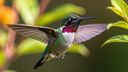 A hummingbird is captured in mid-flight, showcasing its wings in full extension. The bird displays a vibrant mix of green, red, and white feathers. The image is set against a blurred background of green foliage and soft sunlight, creating a natural feel for various commercial or editorial applications.の素材