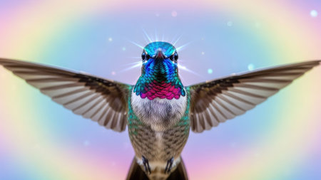A hummingbird is captured in mid-flight with its wings outstretched, showcasing vibrant iridescent feathers. The bird is set against a soft, blurred rainbow gradient. The image utilizes digital illustration with bright colors and soft lighting, ideal for various design and advertising purposes.の素材