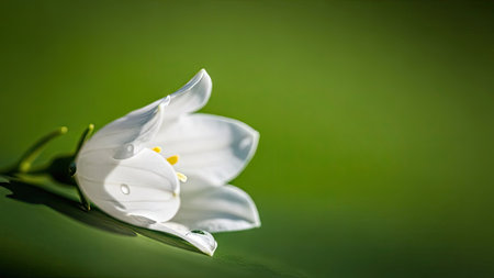 A close-up captures a white flower with soft, curving petals. The flower is set against a blurred green backdrop, creating a contrast. The lighting highlights the texture and form of the bloom. This image is suitable for various commercial uses, including website design and print media.の素材