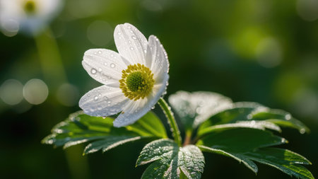 A close-up captures a pristine white flower adorned with water droplets. The soft focus background features shades of green, suggesting a natural outdoor setting illuminated by soft light. This image could be utilized for various commercial purposes, including nature-themed advertising or editorial content.の素材