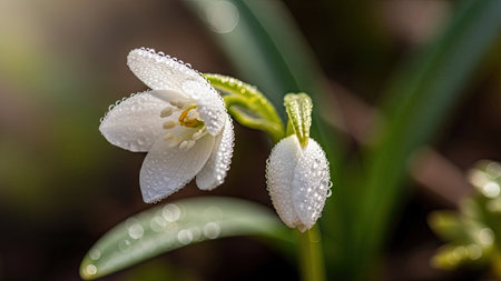 A detailed image showcases a snowdrop flower, the primary subject, displaying white petals and a green stem. Water droplets adorn the flower, adding texture and visual interest. The close-up composition emphasizes the delicate features of the plant. Suitable for botanical illustration, springtime themes, or use in nature-related publications.の素材