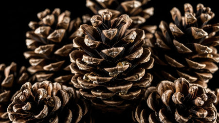 This image showcases a collection of brown pine cones set against a black backdrop. The cones exhibit detailed textures and patterns, with a focus on natural elements. The composition features a close-up perspective and selective focus, emphasizing the intricate details. Suitable for various editorial and commercial applications related to nature and design.の素材