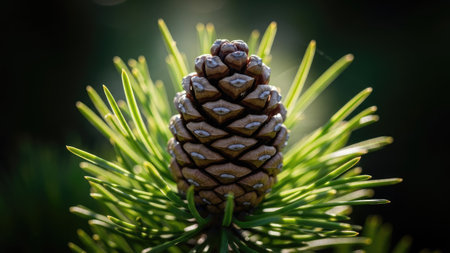 A detailed image presents a pinecone at the center, surrounded by green needles. The composition focuses on texture and form, with sunlight creating highlights and shadows. The dark background enhances the subject. Suitable for editorial use, the image is versatile for various applications such as nature, design, or decorative projects.の素材