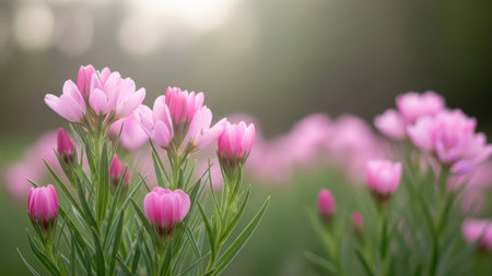 This image features delicate pink flowers in soft focus, with vibrant green stems against a blurred background. The composition highlights the flowers in a natural setting, utilizing natural lighting. This image could be suitable for various commercial uses, including advertisements and editorial content.の素材