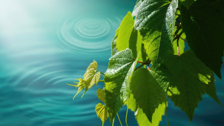 This image showcases fresh green leaves set against a backdrop of rippling water. The composition highlights the textures and colors of nature, with bright green foliage contrasted against a turquoise background. It could be used for various projects needing a natural, clean, or refreshing visual, like environmental or wellness themes.の素材