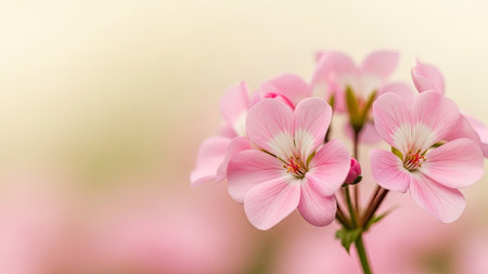 A close-up captures a cluster of light pink flowers, with white centers and detailed petals. The image features a shallow depth of field, creating a soft, blurred background in shades of beige and pink. The composition evokes a sense of tranquility, suitable for various editorial and commercial applications related to flora and beauty.の素材