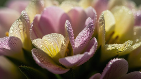 This macro captures a close-up of a flower with soft pink and yellow petals. Tiny water droplets glisten on the surface, reflecting light. The image features a shallow depth of field, highlighting the textures and details of the bloom. This photograph is suitable for various commercial uses related to nature and beauty.の素材