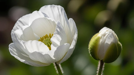 This image showcases a close-up of a white poppy flower in full bloom alongside a closed bud. The petals display a soft texture and the background is softly blurred, enhancing the focus on the subject. The sunlight provides natural lighting, suggesting an outdoor daytime setting. Suitable for various editorial and commercial applications.の素材