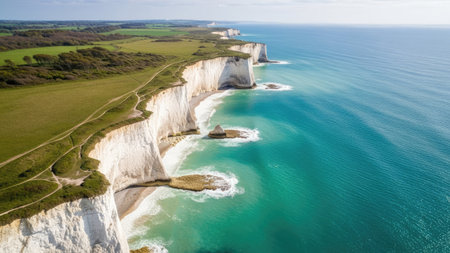 Aerial view showcases towering white cliffs meeting the vibrant turquoise ocean. Lush green fields and vegetation sit atop the cliffs. The composition captures the natural beauty, with sunlight illuminating the scene. Suitable for diverse applications, including travel and environmental content.の素材