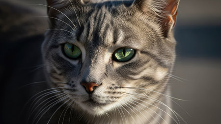 This image showcases a close-up portrait of a cat with vibrant green eyes. The cat's fur displays a pattern of grey and light stripes. The composition utilizes natural lighting, highlighting the texture of the fur and eye details. This photo could be suitable for various commercial and editorial applications.の素材