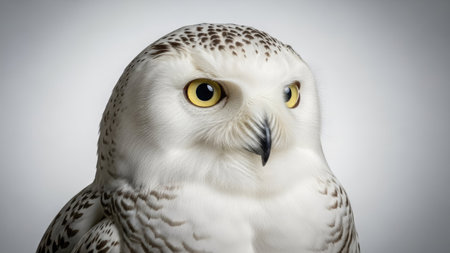 This image presents a close-up portrait of a snowy owl. The bird exhibits pristine white plumage with subtle dark markings. Its intense yellow eyes and sharp beak are visible. The composition, lit by soft light against a blurred background, could serve purposes such as educational materials or wildlife themed projects.の素材