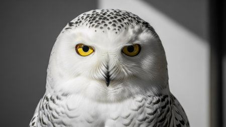 A striking close-up showcases a snowy owl, its white feathers contrasted by dark markings. The bird's piercing yellow eyes and focused gaze dominate the composition. The image displays a smooth texture with soft lighting, suggesting an indoor studio setting. Suitable for various editorial and commercial applications.の素材