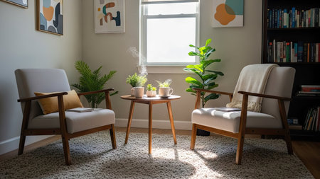 A well-lit interior showcases two armchairs flanking a small table, complemented by decorative plants near a window. The scene features neutral tones and soft textures, enhancing the comfortable atmosphere. Suitable for a variety of editorial or commercial projects, the image conveys a sense of tranquility.の素材
