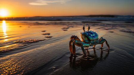 A crab stands on a sandy beach, bathed in the warm light of a setting sun. The image showcases a colorful crab with a textured shell, set against the blurred backdrop of the ocean and sky. The composition features soft lighting and reflections, suggesting a natural outdoor environment. Potential uses include editorial and stock photography.の素材