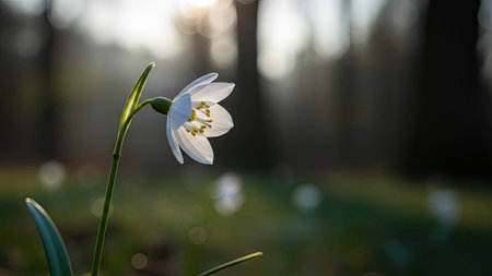 A single white flower with a yellow center is featured, its petals illuminated by soft sunlight. The composition highlights the flower's delicate texture and form against a blurred backdrop. The image suggests a natural setting with potential applications for springtime themes or editorial content.の素材
