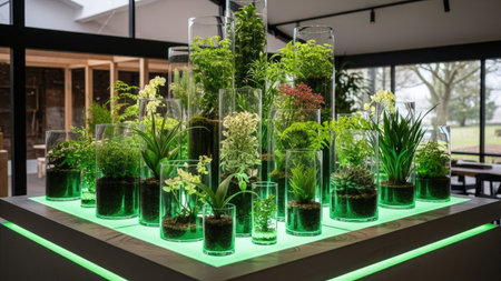 An assortment of plants are displayed within clear glass cylinders of various heights. The composition features diverse greenery, with a focus on interior design and natural elements. The scene is illuminated by ambient lighting, set against a backdrop suggesting an indoor environment. This arrangement could be suitable for commercial and editorial purposes.の素材