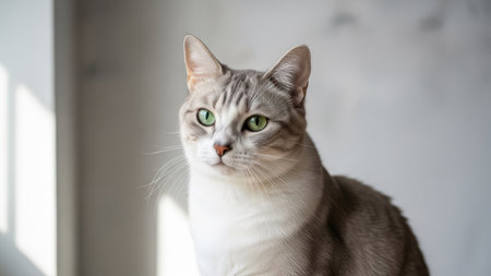 A domestic cat is featured in a close-up portrait, with bright green eyes and a silver and white coat. The composition uses natural light creating highlights and shadows. This image is suitable for a variety of uses, including editorial articles, marketing campaigns, and website content.の素材