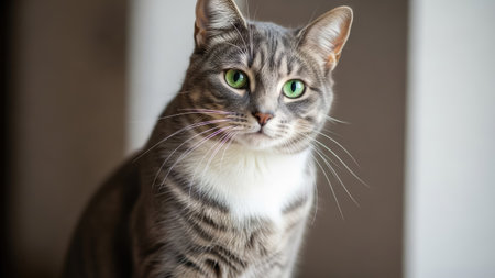 A close-up photograph presents a domestic cat, showcasing a gray and white striped coat. The cat's striking green eyes and alert expression are in focus. The image features soft lighting, suggesting an indoor setting. Suitable for various applications, including advertising and editorial use.の素材