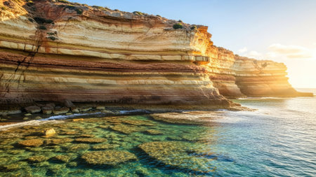 The image captures a scenic coastal view of layered rock formations meeting clear, turquoise water. The natural composition is highlighted by warm sunlight. The scene showcases a landscape with various textures and colors, possibly suitable for nature-related publications or travel content. The environment is likely outdoors during the day.の素材