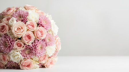 This image showcases a vibrant bouquet, primarily composed of pink roses and dahlias. The flowers are arranged closely together, exhibiting a rich texture and a variety of shades. Set against a clean, white background with soft lighting, this composition is suitable for a wide range of editorial and commercial applications.の素材