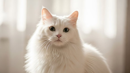 A close-up view presents a pristine white cat with fluffy fur, gazing directly at the viewer. The image showcases soft textures and natural illumination, suggesting an indoor environment. This image could be used for various commercial or editorial purposes related to pets or domestic animals.の素材