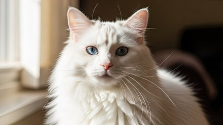 An indoor portrait showcases a pristine white cat with striking blue eyes. The cat's fluffy fur contrasts with the interior setting, bathed in natural light from a nearby window. The image uses shallow depth of field, potentially suitable for advertising, or editorial content.の素材