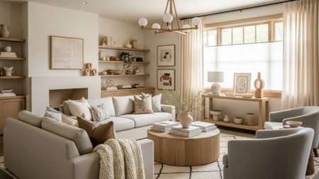 This living room showcases a modern interior design with neutral tones and natural light. It features a comfortable sofa, chairs, and wooden furniture. The soft textures and minimalist decor create a warm and inviting atmosphere suitable for various commercial uses.の素材