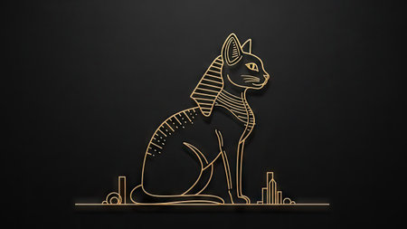An illustration depicts a golden cat in a seated pose, reminiscent of ancient Egyptian art. The image showcases a minimalist style with clean lines against a dark background. The artwork suggests a conceptual representation, suitable for various editorial and commercial applications. The design is presented with a focus on form and symbolic meaning.の素材