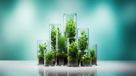 Several green plants are encased in clear glass cylinders, arranged on a reflective surface. The image displays a clean and modern aesthetic with focused lighting. The background presents a gradient of turquoise tones. This image could be used for various purposes including marketing and design projects.の素材