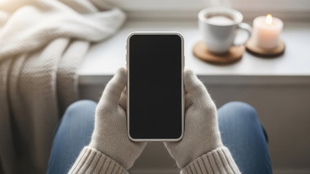 A person wearing white gloves holds a smartphone with a blank screen. The scene features a cozy interior with a window, a cup of coffee, and a lit candle. Warm lighting illuminates the setting. This image is suitable for various commercial uses, including advertising and lifestyle content.の素材