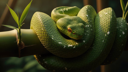 A vibrant green snake is coiled around a bamboo branch, with its scales showing texture and detail. The image features soft lighting, suggesting natural sunlight, with a blurred background. This could be useful for educational materials, wildlife articles, or nature-themed advertising campaigns.の素材