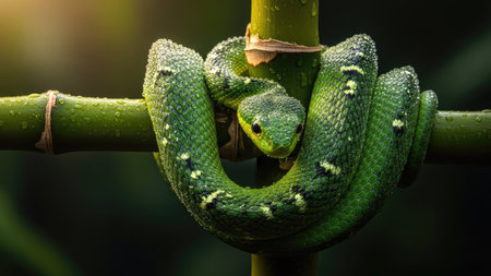 A vibrant green snake is wrapped around a green bamboo branch. The snake's scales and eyes are visible against the soft, natural light, and a blurred background. The image has a close-up composition with high detail, suitable for wildlife, nature, and educational uses.の素材