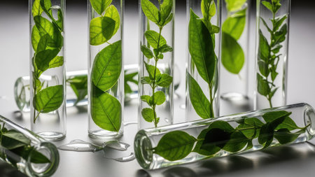 Several glass tubes filled with green leaves and clear liquid are displayed against a white background. The close-up shot captures the details of the fresh foliage. The arrangement suggests experimentation and the study of natural elements. Suitable for scientific, educational, and environmental projects.の素材