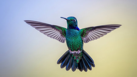 A close-up captures a hummingbird in mid-flight, displaying open wings against a blended background. The bird features iridescent green feathers contrasted by dark wings and tail. The image utilizes soft lighting, creating a focus on the subject and suitable for various visual applications.の素材