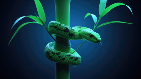 A green snake is wrapped around a bamboo stalk, with several green leaves around it. The snake has a detailed pattern and a red eye. The image is set against a dark blue backdrop. This photo is suitable for projects that require wildlife, nature and design elements in editorial and commercial contexts.の素材